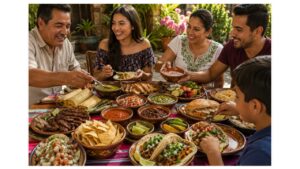Authentic Mexican family enjoying an outdoor meal with tacos, carne asada, tamales, ceviche, tortas, and multiple traditional Mexican salsas served in handcrafted ceramic bowls.