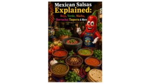 Mexican salsas explained with salsa roja, salsa verde, salsa macha, salsa borracha, salsa taquera, and the Peppers of Key West mascot teaching in an authentic Mexican market.