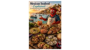 Authentic Mexican seafood feast featuring aguachile, ceviche, pescado zarandeado, grilled lobster, oysters, octopus, and Baja fish tacos overlooking a colorful Pacific fishing village.