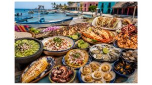 Authentic Mexican seafood feast featuring aguachile, ceviche, pescado zarandeado, Baja-style fish tacos, grilled lobster, shrimp skewers, oysters, mussels, scallops, clams, octopus, and seafood tostadas overlooking a colorful Pacific fishing village.