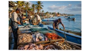 Traditional Pacific fishing village in Mexico where local fishermen unload fresh fish, shrimp, lobster, oysters, octopus, and shellfish from colorful boats at a busy working harbor.
