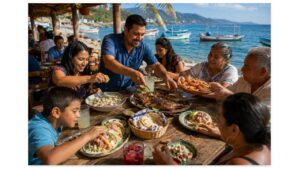 Multigenerational family enjoying an authentic Mexican seafood feast at an open-air Pacific marisquería featuring aguachile, pescado zarandeado, ceviche, oysters, grilled shrimp, seafood tostadas, and fish tacos.