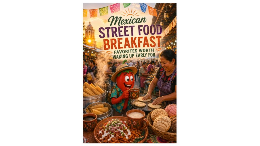 Early morning Mexican street food market with steaming tamales, fresh tortillas, chilaquiles, pan dulce, café de olla, atole, local families, and the Peppers of Key West mascot enjoying breakfast at sunrise