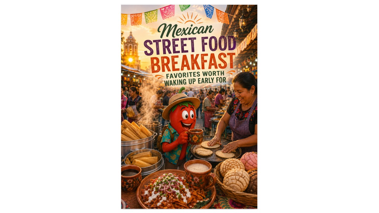 Early morning Mexican street food market with steaming tamales, fresh tortillas, chilaquiles, pan dulce, café de olla, atole, local families, and the Peppers of Key West mascot enjoying breakfast at sunrise