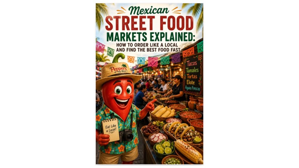 Mexican street food market with Peppers of Key West mascot exploring authentic food stalls and learning how to order like a local