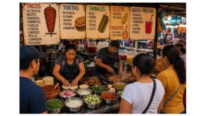 Customers ordering from an authentic Mexican street food stall with a traditional handwritten menu, fresh tortillas, sizzling meats, homemade salsas, and colorful market ingredients