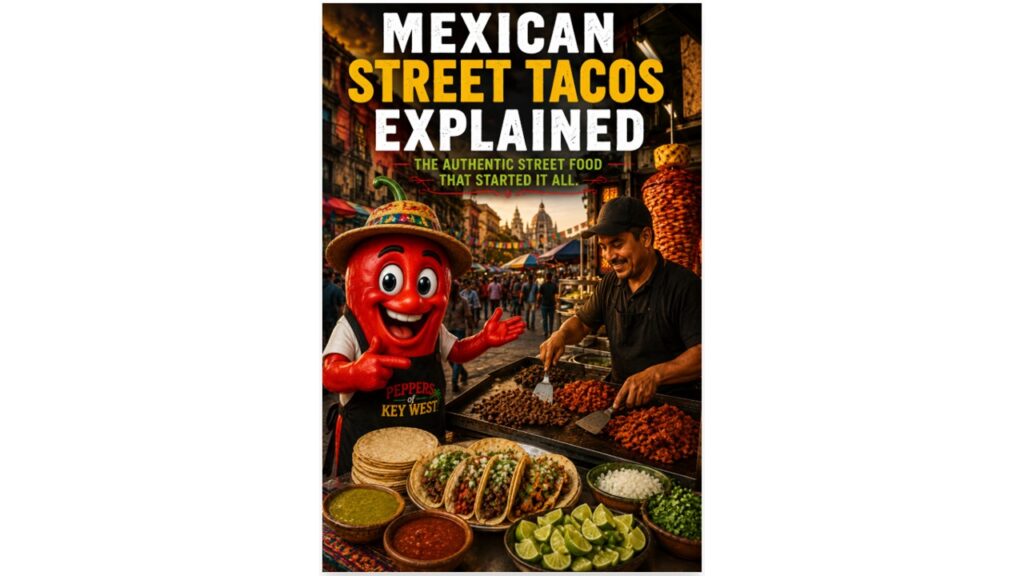 Mexican Street Tacos Explained featured image showing a smiling red pepper mascot beside a traditional Mexico City street taco stand with a taquero preparing authentic carne asada and al pastor tacos on a flat-top grill.