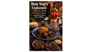 Peppers of Key West teaching mascot presenting authentic Oaxacan mole negro served over chicken with handmade tortillas, Mexican rice, dried chiles, chocolate, and traditional spices.