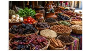 Traditional Oaxaca market displaying dried chiles, chocolate, spices, nuts, sesame seeds, herbs, tomatoes, garlic, and clay cookware used to prepare authentic mole negro.