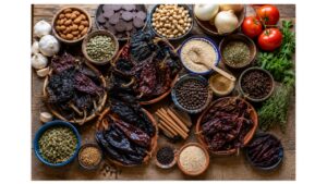 Authentic ingredients for traditional Oaxacan mole negro including dried ancho, pasilla, mulato, and chilhuacle chiles, Mexican chocolate, cinnamon, cloves, sesame seeds, almonds, pumpkin seeds, garlic, onions, tomatoes, herbs, and spices.