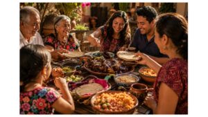 Three generations of an Oaxacan family sharing authentic mole negro with chicken, handmade tortillas, Mexican rice, and beans around a traditional courtyard table.