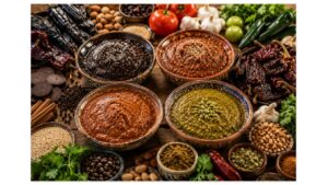 Four authentic Mexican mole varieties including mole negro, mole rojo, mole coloradito, and mole verde served in traditional ceramic bowls with dried chiles, herbs, spices, chocolate, seeds, and fresh ingredients.
