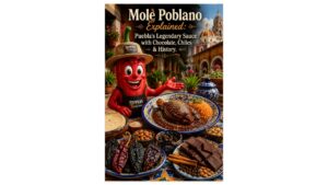 Peppers of Key West teaching red pepper mascot presenting authentic mole poblano served over chicken with sesame seeds, handmade tortillas, Mexican rice, dried chiles, chocolate, and traditional Talavera pottery in Puebla.