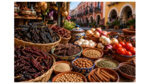 Traditional Puebla market displaying dried ancho, mulato, and pasilla chiles, Mexican chocolate, spices, nuts, seeds, Talavera pottery, and fresh ingredients used to make authentic mole poblano.