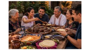 Three generations of a Mexican family enjoying authentic mole poblano in a traditional Puebla courtyard with handmade tortillas, Mexican rice, beans, and colorful Talavera pottery.