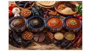 Four authentic Mexican mole varieties—mole poblano, mole negro, mole rojo, and mole coloradito—served in colorful Talavera ceramic bowls with traditional chiles, chocolate, spices, nuts, seeds, and fresh herbs.