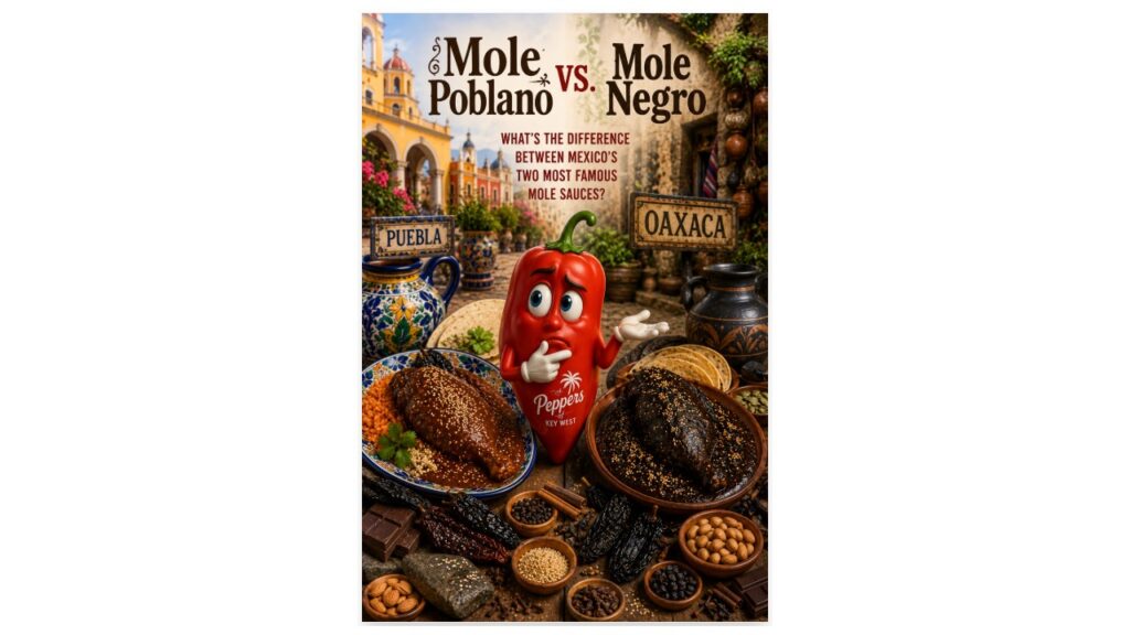 Peppers of Key West teaching red pepper mascot comparing mole poblano from Puebla and mole negro from Oaxaca, served over chicken with dried chiles, chocolate, spices, nuts, seeds, tortillas, and traditional pottery.