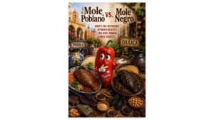 Peppers of Key West teaching red pepper mascot comparing mole poblano from Puebla and mole negro from Oaxaca, served over chicken with dried chiles, chocolate, spices, nuts, seeds, tortillas, and traditional pottery.