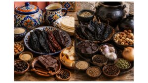 Side-by-side comparison of authentic mole poblano and mole negro ingredients, including dried chiles, Mexican chocolate, sesame seeds, nuts, spices, tortillas, Talavera pottery from Puebla, and black clay pottery from Oaxaca.