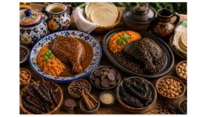 Authentic mole poblano from Puebla and mole negro from Oaxaca served side by side with roasted chicken, handmade corn tortillas, Mexican rice, regional pottery, dried chiles, chocolate, and traditional spices.