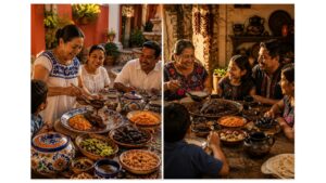 Two Mexican families in Puebla and Oaxaca sharing traditional mole meals, featuring mole poblano and mole negro served with handmade tortillas, regional pottery, and authentic family dining traditions.