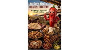 Peppers of Key West teaching red pepper mascot beside a traditional Northern Mexican ranch breakfast with machacado con huevo, breakfast burritos, handmade flour tortillas, grilled beef, beans, potatoes, salsa, and avocado.