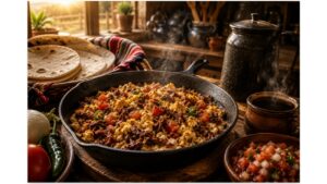 Authentic machacado con huevo cooking in a cast-iron skillet inside a rustic Northern Mexican ranch kitchen with handmade flour tortillas, fresh salsa, cowboy coffee, and traditional breakfast ingredients.