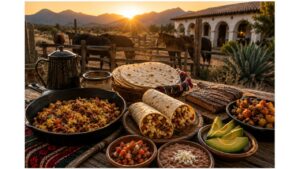 Traditional Northern Mexican ranch breakfast served outdoors at sunrise with machacado con huevo, breakfast burritos, handmade flour tortillas, grilled beef, beans, roasted potatoes, salsa, avocado, and cowboy coffee.