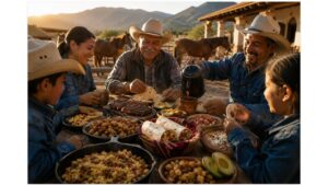 Multigenerational Mexican ranch family enjoying a traditional Northern Mexican breakfast outdoors with machacado con huevo, handmade flour tortillas, grilled beef, cowboy coffee, and fresh ranch-style dishes.
