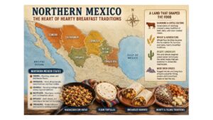 Map of Northern Mexico highlighting Sonora, Chihuahua, Coahuila, Nuevo León, Durango and Tamaulipas alongside machacado con huevo, flour tortillas and breakfast burritos.