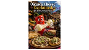 Peppers of Key West teaching red pepper mascot holding authentic Oaxaca cheese with long stretchy strands beside quesadillas, tlayudas, memelas, handmade tortillas, and traditional Oaxaca market ingredients.