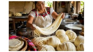 Traditional Oaxaca cheese being hand-stretched into long silky ribbons inside an authentic Mexican cheese workshop, surrounded by fresh cheese, handmade tortillas, black clay pottery, woven baskets, and rustic cheesemaking tools.