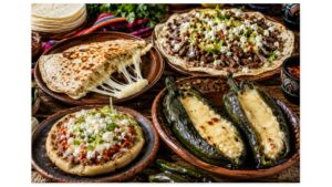 Authentic Mexican dishes featuring Oaxaca cheese, including a cheese-filled quesadilla, traditional tlayuda, memela, and roasted poblano peppers with melted Oaxaca cheese on a rustic table.