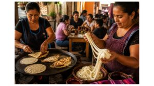 Customers enjoying freshly made Oaxaca cheese quesadillas at a traditional family-owned street food stand in Oaxaca while fresh Oaxaca cheese is hand-stretched beside a hot comal.