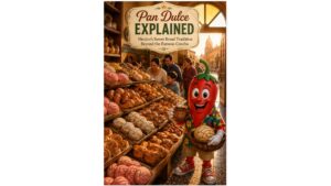 Peppers of Key West mascot inside a traditional Mexican panadería surrounded by colorful conchas, pan dulce, and fresh pastries while holding a basket of sweet bread and a cup of café de olla