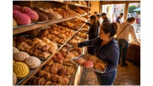 Customers selecting freshly baked pan dulce from wooden shelves inside a traditional Mexican panadería filled with colorful conchas and authentic sweet breads
