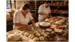 Traditional Mexican bakers handcrafting fresh pan dulce and scoring conchas inside a family-owned panadería using time-honored baking techniques