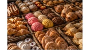 Traditional Mexican pan dulce assortment featuring colorful conchas, cuernitos, orejas, puerquitos, polvorones, sweet empanadas, and regional bakery specialties