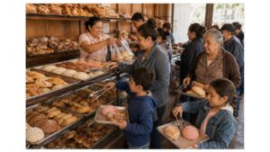 Families selecting fresh pan dulce with bakery trays and tongs inside a traditional Mexican panadería filled with colorful conchas and sweet breads