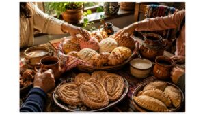 Family sharing assorted pan dulce, café de olla, atole, and hot chocolate around a traditional Mexican breakfast table in warm morning light
