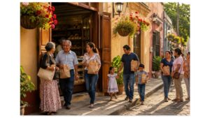 Families leaving a traditional Mexican panadería carrying fresh pan dulce while chatting outside on a sunny neighborhood street