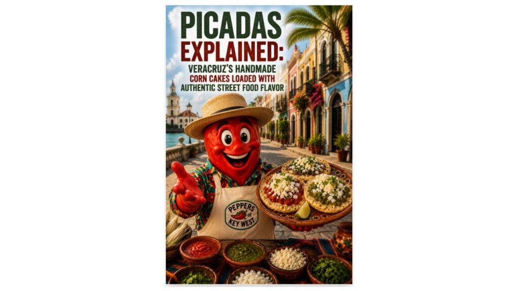 Peppers of Key West teaching mascot presenting authentic Veracruz picadas in a colorful colonial street with the article title displayed above.
