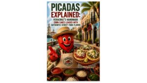 Peppers of Key West teaching mascot presenting authentic Veracruz picadas in a colorful colonial street with the article title displayed above.