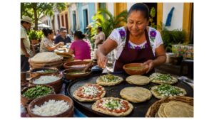 Veracruz street food vendor preparing authentic picadas on a traditional comal with salsa, queso fresco, onion, and cilantro at a morning market.