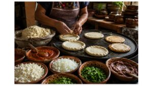 Traditional Veracruz cook shaping handmade picadas from fresh masa before cooking them on a hot cast-iron comal in a rustic Mexican kitchen.
