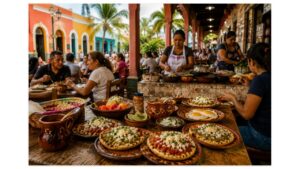 Families enjoying authentic Veracruz picadas at a bustling morning mercado with handmade corn cakes, café de olla, fresh fruit, and local vendors.