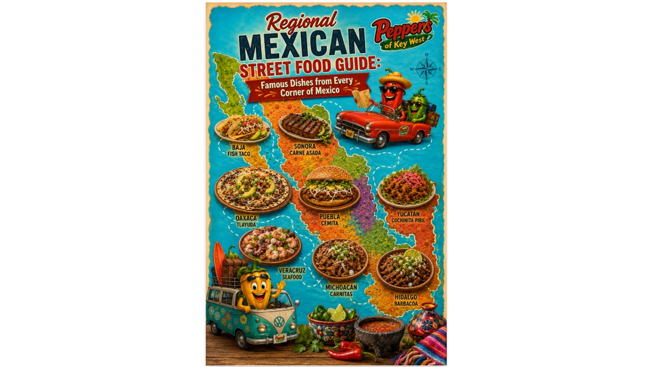 Illustrated map of Mexico featuring famous regional street foods including Baja fish tacos, Oaxaca tlayudas, Puebla cemitas, Yucatán cochinita pibil, Sonoran carne asada, Veracruz seafood, Michoacán carnitas, and Hidalgo barbacoa.