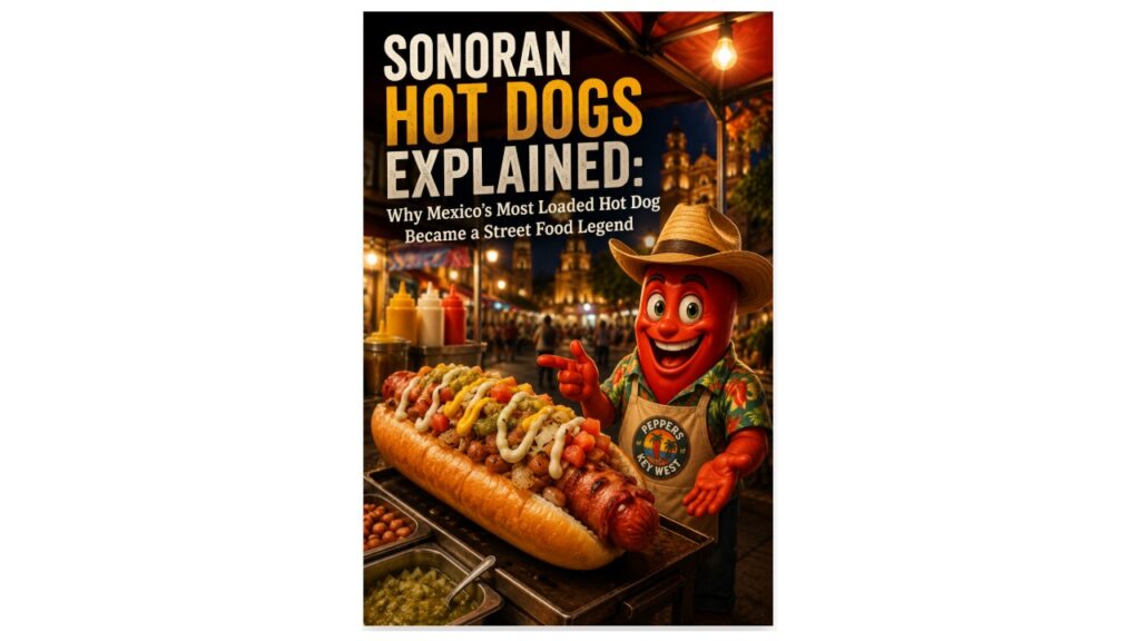 Sonoran Hot Dog street food cart in Hermosillo, Sonora, with a bacon-wrapped hot dog loaded with pinto beans, grilled onions, tomatoes, jalapeño salsa, and the Peppers of Key West mascot teaching about this regional specialty.