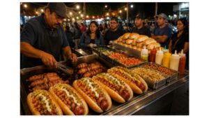 Authentic Sonoran hot dog stand in Hermosillo, Sonora, where a street vendor grills bacon-wrapped hot dogs with pinto beans, grilled onions, tomatoes, and traditional toppings.
