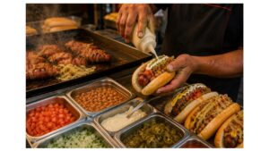 Sonoran street vendor assembling an authentic bacon-wrapped Sonoran hot dog with pinto beans, grilled onions, diced tomatoes, jalapeño salsa, and mayonnaise at an evening food cart in Hermosillo, Mexico.